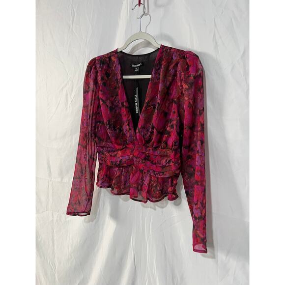 STEVE MADDEN Women's Azura Floral-Print V-Neck Peplum Pink Top Size Medium - Picture 7 of 13